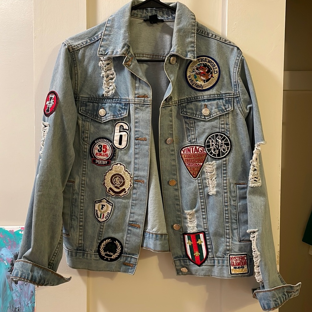 Distressed Denim Jacket with Patches